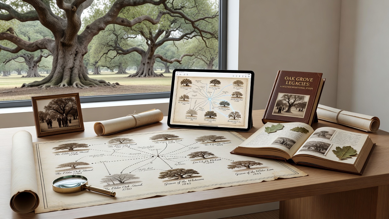 Archival family tree documents beside an ancient oak grove with generational markers