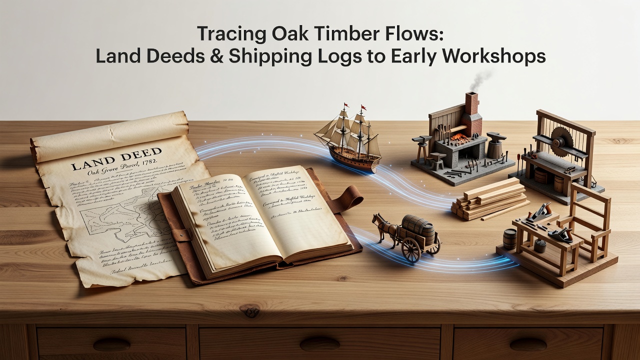 Archival shipping log pages and land deed excerpts displayed together for timber flow analysis